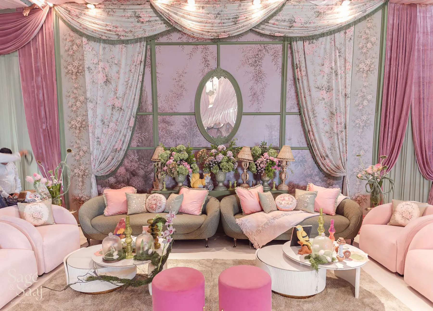 Bridgerton Mehendi — garden-inspired seating detail by Sage & Saaj