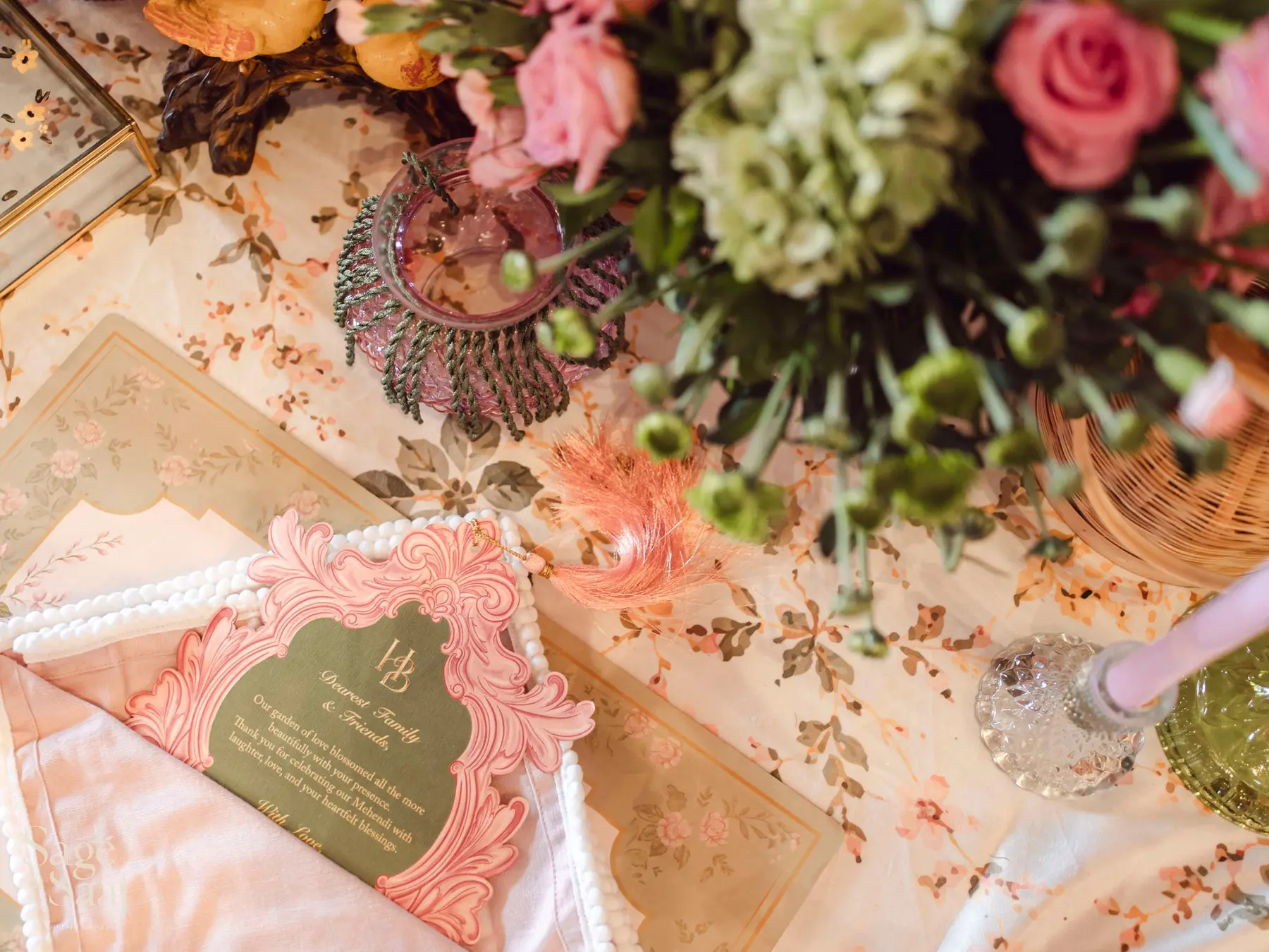 Bridgerton Mehendi — pastel floral conservatory by Sage & Saaj